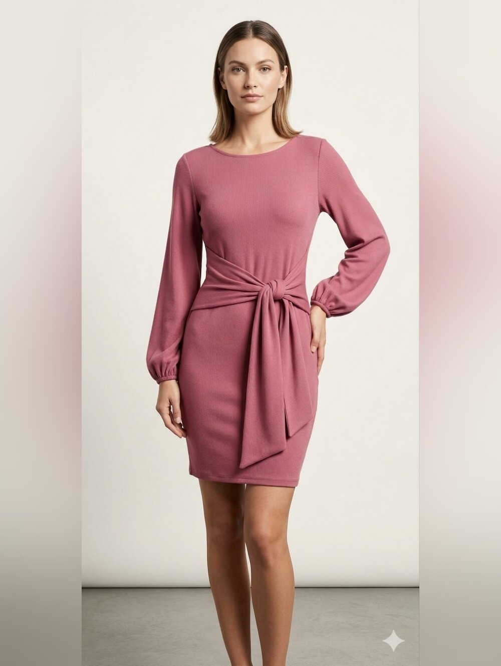 Long Sleeve Front Wrap Tie Bodycon Dress Silhouette in Dusty Rose Mauve Size Med